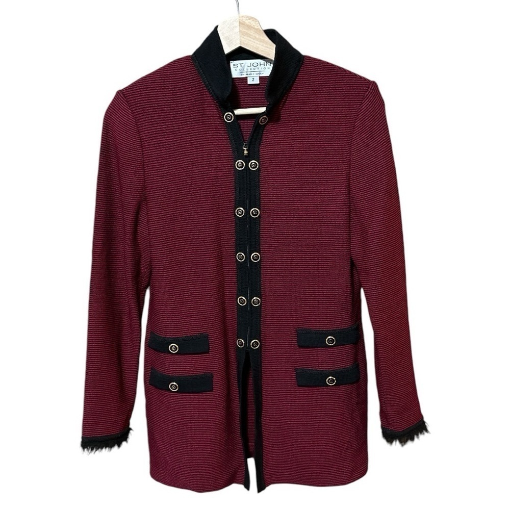 EUC - St. John Collection Wool Tweed Long Jacket womens 2, faux fur